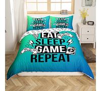 richhome Teens Gamer Bedding Set 3 pieces,Video Games Flash Comforter Cover,Pizza Sketch Hip Hop Ultra Soft Duvet Cover Reversible Decor,Green Blue Gradient Double Size Quilt Cover, Multi