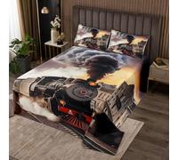 richhome Vintage Steam Engine Train Bedspread Double Size Kids Railway Transportation Coverlet Set for Boys Girls Retro Vehicle Locomotive Train Quilted Coverlet Room Decor