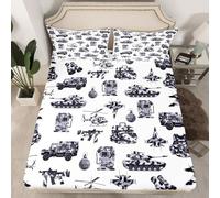 richhome War Tank Theme Fitted Sheet Single Size Kids Aircraft Camo Bed Sheets Set for Boys Girls Teens Military Army Equipment Bedding Set Breathable Black White Bedroom Decor