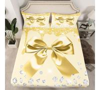 richhome Watercolor Bow Fitted Sheet with 2 Pillowcases Double Size Kids Cute Bowknot Bed Sheets Set Deep Pocket for Boys Girls Teens Coquette Bows Bedding Dreamy Princess Style Yellow Silver