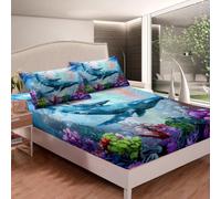richhome Whale Fitted Sheet, Marine life Sealife Bedding Set King Size,Kids Boys Girls Sea Creatures Bedroom Home Decor,Summer Ocean Marine Underwater Animal Pattern All Season