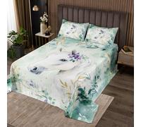 richhome White Horse Bedspread King Size Kids Leaves Flower Coverlet Set for Boys Girls Teens Plants Galloping Horse Quilted Coverlet Breathable Cute Animal Quilted Wildlife