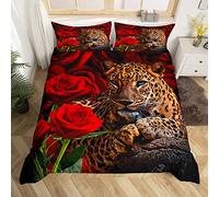 richhome Women Floral Bedding Set Super King Size,Powerful Panthera Big Cat Duvet Cover,Valentine's Day Rose Flowers 3 Pieces Decorative Bedding,Luxury Leopard Animal Comforter Cover