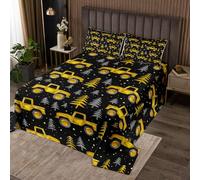 richhome Yellow Cartoon Truck Bedspread King Size Kids Mountain Off-Road Vehicle Car Coverlet Set for Boys Girls Woodland Tree Happy Camping Quilted Coverlet Room Decor