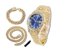 richhut Luxury Diamond Watch for Kids Teen - Iced Out Bling 18K Real Gold Plated - 42mm Round Blue Dial Strap 20cm - Adjuster Tool Included - Comes with Cuban Chain 18cm & 40cm