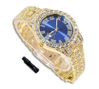 richhut Luxury Diamond Watch for Kids Teen - Iced Out Bling 18K Real Gold Plated - 42mm Round Blue Dial Strap 20cm - Adjuster Tool Included