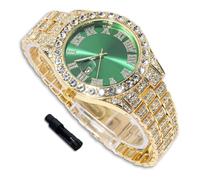 richhut Luxury Diamond Watch for Kids Teen - Iced Out Bling 18K Real Gold Plated - 42mm Round Green Dial Strap 20cm - Adjuster Tool Included