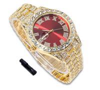 richhut Luxury Diamond Watch for Kids Teen - Iced Out Bling 18K Real Gold Plated - 42mm Round Red Dial Strap 20cm - Adjuster Tool Included