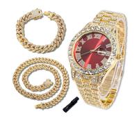richhut Luxury Diamond Watch for Kids Teen - Iced Out Bling 18K Real Gold Plated - 42mm Round Red Dial Strap 20cm - Adjuster Tool Included - Comes with Cuban Chain 18cm & 40cm