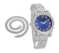 richhut Luxury Diamond Watch for Kids Teen - Iced Out Bling Platinum Plated - 37mm Round Blue Dial Strap 20cm - Giftbox Included - Comes with Cuban Chain 40cm