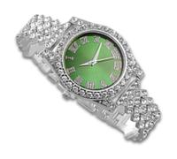 richhut Luxury Diamond Watch for Kids Teen - Iced Out Bling Platinum Plated - 37mm Round Green Dial Strap 20cm - Giftbox Included