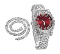 richhut Luxury Diamond Watch for Kids Teen - Iced Out Bling Platinum Plated - 37mm Round Red Dial Strap 20cm - Giftbox Included - Comes with Cuban Chain 40cm