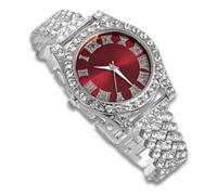 richhut Luxury Diamond Watch for Kids Teen - Iced Out Bling Platinum Plated - 37mm Round Red Dial Strap 20cm - Giftbox Included