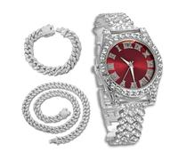 richhut Luxury Diamond Watch for Kids Teen - Iced Out Bling Platinum Plated - 37mm Round Red Dial Strap 20cm - Giftbox Included - Comes with Cuban Chain 18cm & 40cm