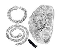 richhut Luxury Diamond Watch for Kids Teen - Iced Out Bling Platinum Plated - 38mm Octagonal Dial Strap 19.5cm - Adjuster Tool Included - Comes with Cuban Chains 18cm & 40cm