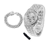 richhut Luxury Diamond Watch for Kids Teen - Iced Out Bling Platinum Plated - 38mm Octagonal Dial Strap 19.5cm - Adjuster Tool Included - Comes with Cuban Chain 18cm