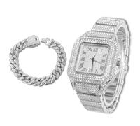 richhut Luxury Diamond Watch for Kids Teen - Iced Out Bling Platinum Plated - 40mm Square Dial Strap 18.5cm - Adjuster Tool Included - Comes with Cuban Chain 18cm