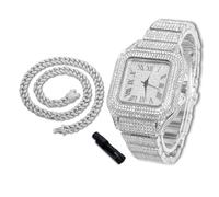richhut Luxury Diamond Watch for Kids Teen - Iced Out Bling Platinum Plated - 40mm Square Dial Strap 18.5cm - Adjuster Tool Included - Comes with Cuban Chain 40cm