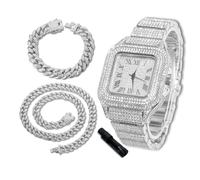 richhut Luxury Diamond Watch for Kids Teen - Iced Out Bling Platinum Plated - 40mm Square Dial Strap 18.5cm - Adjuster Tool Included - Comes with Cuban Chains 18cm & 40cm