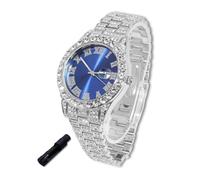 richhut Luxury Diamond Watch for Kids Teen - Iced Out Bling Platinum Plated - 42mm Round Blue Dial Strap 20cm - Adjuster Tool Included