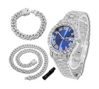 richhut Luxury Diamond Watch for Kids Teen - Iced Out Bling Platinum Plated - 42mm Round Blue Dial Strap 20cm - Adjuster Tool Included - Comes with Cuban Chain 18cm & 40cm