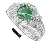 richhut Luxury Diamond Watch for Kids Teen - Iced Out Bling Platinum Plated - 42mm Round Green Dial Strap 20cm - Adjuster Tool Included