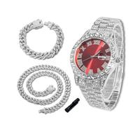 richhut Luxury Diamond Watch for Kids Teen - Iced Out Bling Platinum Plated - 42mm Round Red Dial Strap 20cm - Adjuster Tool Included - Comes with Cuban Chain 18cm & 40cm