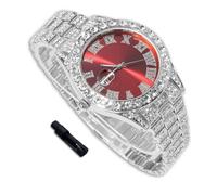 richhut Luxury Diamond Watch for Kids Teen - Iced Out Bling Platinum Plated - 42mm Round Red Dial Strap 20cm - Adjuster Tool Included