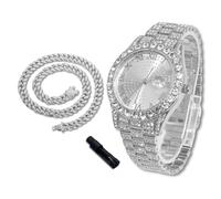richhut Luxury Diamond Watch for Kids Teen - Iced Out Bling Platinum Plated - 43mm Round Dial Strap 20.5cm - Adjuster Tool Included - Comes with Cuban Chain 40cm