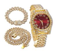 richhut Luxury Iced Out Diamond Watch for Kids Teen - Bling 18K Real Gold/Platinum Plated Strap 20cm - 37mm Round Multicolor Dial - Optional with Cuban Chain - Giftbox Included