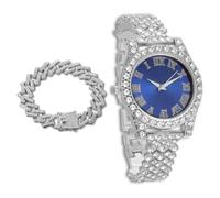 richhut Luxury Iced Out Diamond Watch for Kids Teen - Bling Platinum Plated Strap 20cm - 37mm Round Blue Dial - Comes with Cuban Chain 18cm - Giftbox Included