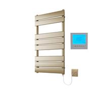 Richmond Brushed Brass Electric Heated Towel Rail 400mm W x 800mm + Timer | Includes 7 Day Timer/Thermostat, Flat Panel, Bathroom Towel Radiator, Wall Mounted
