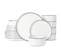 Richmount Dinner Sets for 6 People, 18 Pieces Modern Porcelain Plates and Bowls Set, Dinnerware Sets Chip Resistant, Microwave & Dishwasher Safe, Ceramic Dish Set Service for 6, White with Black Trim