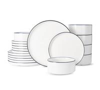 Richmount Dinner Sets for 6 People, 18 Pieces Modern Porcelain Plates and Bowls Set, Dinnerware Sets Chip Resistant, Microwave & Dishwasher Safe, Ceramic Dish Set Service for 6, White with Blue Trim