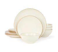 Richmount Jupiter Dinner Set for 4, Reactive Glaze Plates and Bowls Set, 12 Pieces Stoneware with Gold Rim, Scratch Resistant Dinnerware Service for 4, Microwave & Dishwasher Safe, Cream White