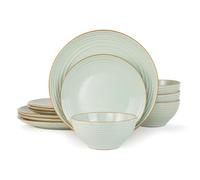 Richmount Jupiter Plates and Bowls Set, Reactive Glaze Dinner Set for 4, 12 Pieces Stoneware with Gold Rim, Scratch Resistant Dinnerware Service for 4, Microwave & Dishwasher Safe, Light Green