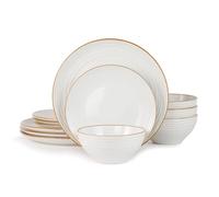 Richmount Jupiter Plates and Bowls Set, Reactive Glaze Dinner Set for 4, 12 Pieces Stoneware with Gold Rim, Scratch Resistant Dinnerware Service for 4, Microwave & Dishwasher Safe, White