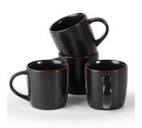 Richmount Mercury Coffee Mugs Set of 4, 13oz/370ml Stoneware Tea Cups with Large Handle and Burgundy Trim for Latte/Cappuccino/Milk/Cocoa/Tea, Microwave & Dishwasher Safe, Black