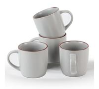 Richmount Mercury Coffee Mugs Set of 4, 13oz/370ml Stoneware Tea Cups with Large Handle and Burgundy Trim for Latte/Cappuccino/Milk/Cocoa/Tea, Microwave & Dishwasher Safe, Light Gray