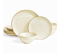 Richmount Ocean 12 Piece Dinner Set, 3D Wave Relief Irregularly Shaped Plates and Bowls Set, Dinner Sets for 4, Reactive Glaze Dinnerware Sets, Dishwasher & Microwave Safe, Stylish & Durable, Beige
