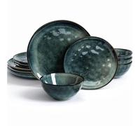 Richmount Ocean 12 Piece Dinner Set, Stoneware 3D Wave Relief Irregularly Shaped Plates and Bowls Set, Reactive Glaze Dinnerware Sets for 4, Dishwasher & Microwave Safe, Stylish & Durable, Dark Green