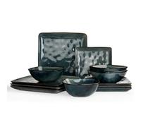Richmount Ocean Square Plates and Bowls Set, 12-Piece Reactive Glaze Stoneware Dinner Set for 4, Dishwasher & Microwave Safe, Stylish & Durable Dinnerware Sets, Service for 4, Moss Green