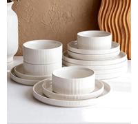 Richmount Star Dinner Set for 4, 12-Piece Modern Porcelain Plates and Bowls Set with Rust-Red Trim, Chip Resistant Dinnerware, Microwave & Dishwasher Safe, Ceramic Dish Set Service for 4, White