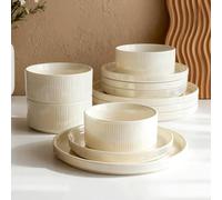 Richmount Star Dinner Set for 4, 12-Piece Modern Porcelain Plates and Bowls Set with Rust-Red Trim, Chip Resistant Dinnerware, Microwave & Dishwasher Safe, Ceramic Dish Set Service for 4, Cream