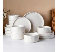 Richmount Star Dinner Sets for 6 People, 18-Piece Modern Porcelain Plates and Bowls Set with Rust-Red Trim, Chip Resistant Dinnerware, Microwave &Dishwasher Safe, Ceramic Dish Set Service for 6, White