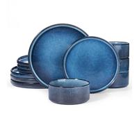 Richmount Star Plates and Bowls Set, 12 Pieces Dinner Set for 4, Stoneware Dinnerware Sets with Dinner Plates/Salad Plate/Cereal Bowls, Dishwasher & Microwave Safe, Nebulas Blue