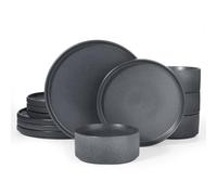 Richmount Star Plates and Bowls Set, Stoneware 12 Pieces Dinner Set for 4, Dinnerware Sets with Dinner Plates/Salad Plate/Cereal Bowls, Dishwasher & Microwave Safe, Matte DarkCharcoal