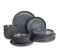 Richmount Starlight Dinner Set for 4, 12 Pieces Reactive Glaze Plates and Bowls Sets, Embossed Stoneware Dinner Sets, Scratch Resistant Dinnerware Set, Dishwasher & Microwave Safe MatteGrey