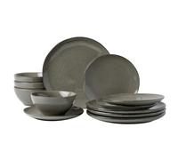 Richmount Tempus 12-Piece Dinner Set, Irregularly Shaped Swirl Stoneware Plates and Bowls Set, Dinner Sets for 4, Dinner Plates/Dessert Plate/Soup Bowl, Glazed Ceramic Dinnerware Sets, DarkOlive