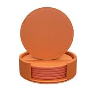 RICHSUM Coasters Set of 6 Soft Leather Drink Coaster Round Coaster with Sewing Around, Suitable for Various Cups, Wooden Tables,Home Decoration,4 Inches (Orange)